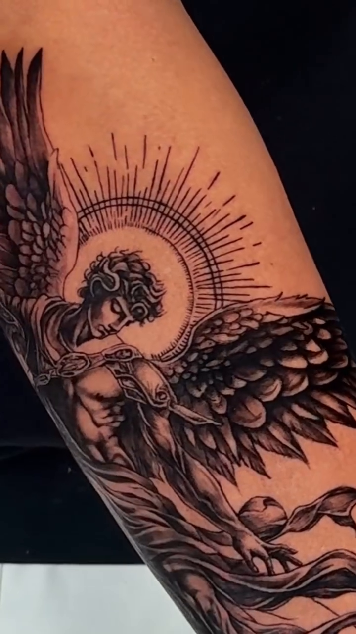 Angel with sword realism tattoo by ♍️𝒾𝒸𝒽𝑒𝓁𝓁𝑒⁺‧₊˚ ཐི⋆♱⋆ཋྀ ˚₊‧⁺, Charlotte, North Carolina
