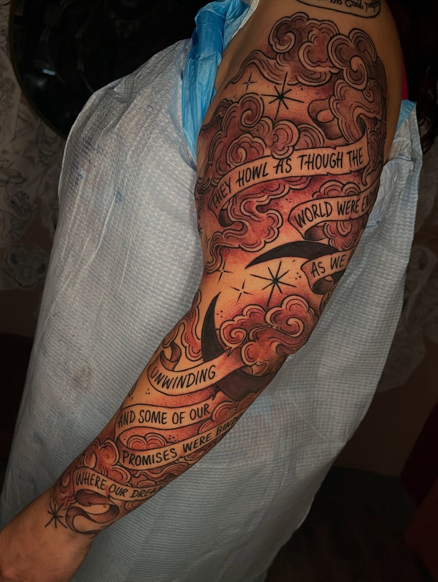 Clouds and stars American traditional tattoo on the forearm by carly g โ๏ธ ๐๐๐ค ๐ฝ๐๐๐ ๐๐ฆ