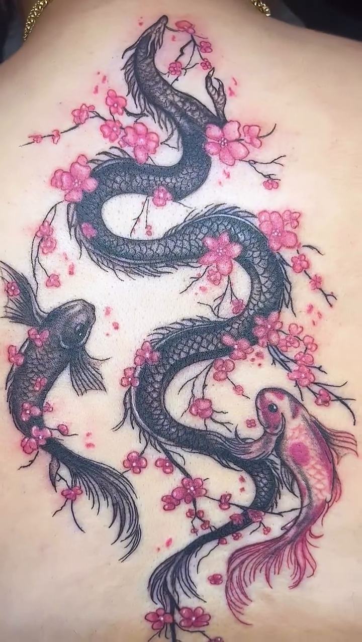 Dragon and koi with cherry blossoms japanese irezumi tattoo by Ink by Hailey π