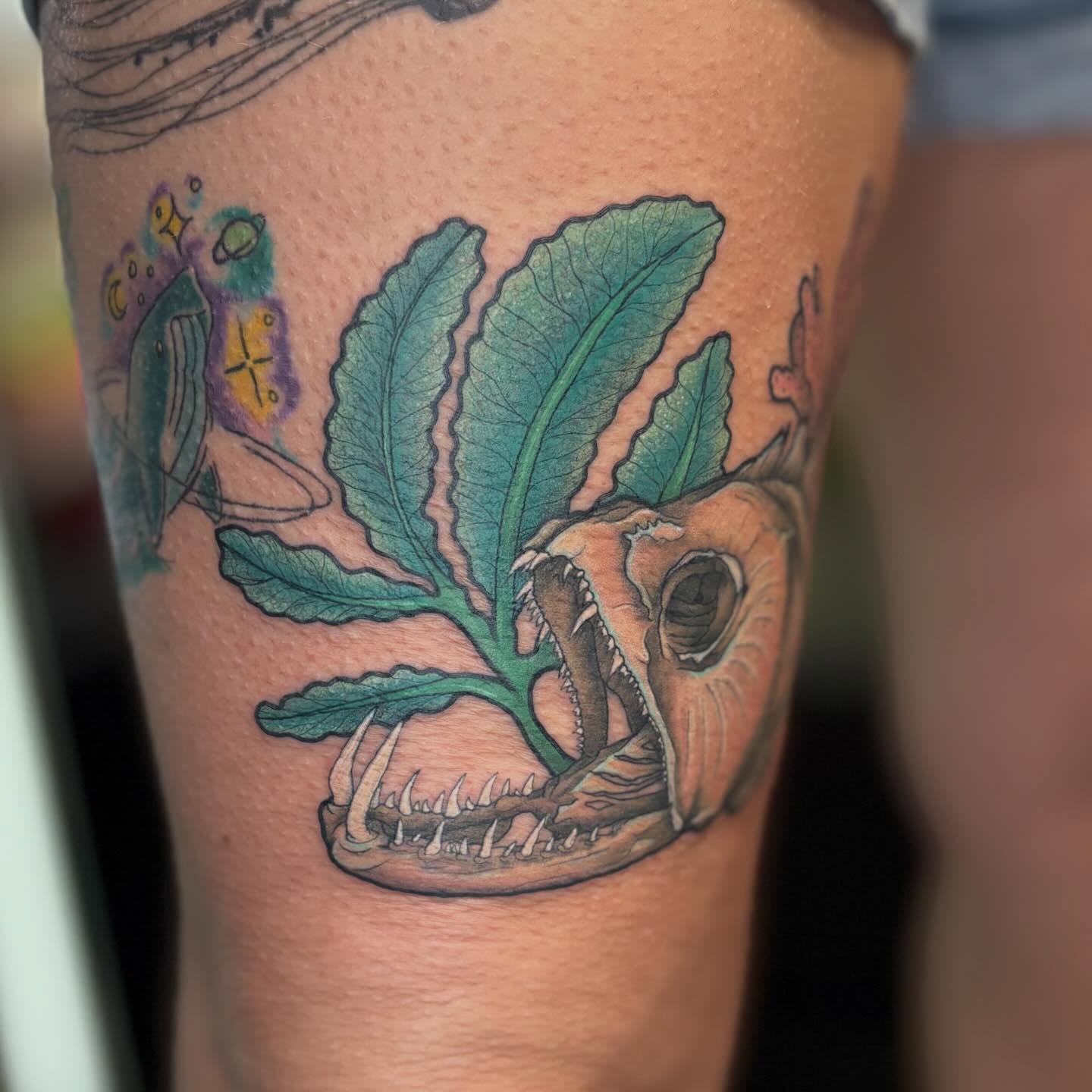 Plant skull realism tattoo on the forearm by Olivia Buch