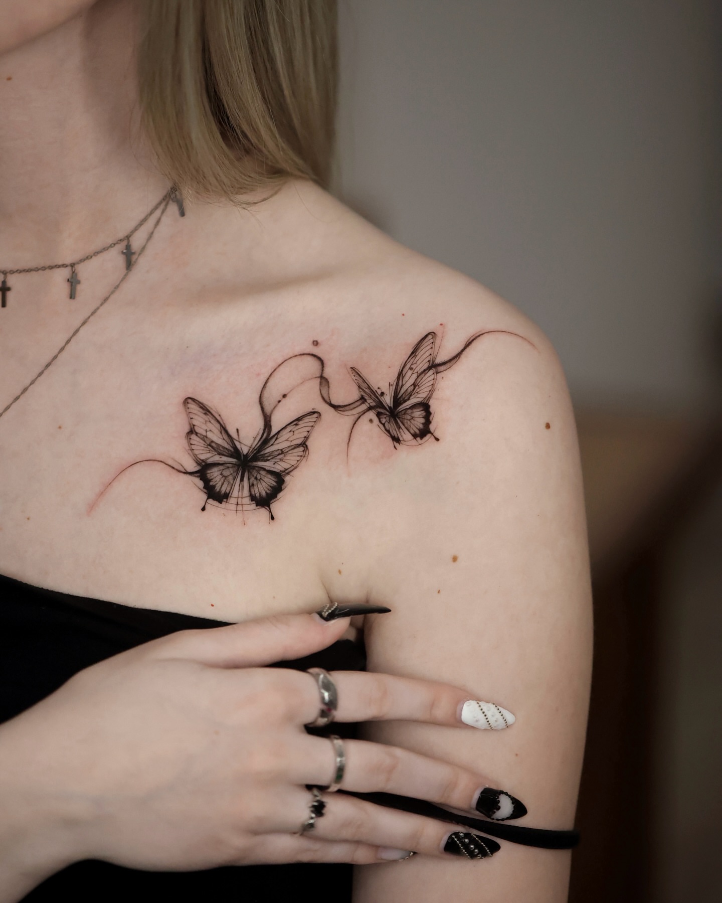 Butterflies realism tattoo on the shoulder by @tattoo_chamsae