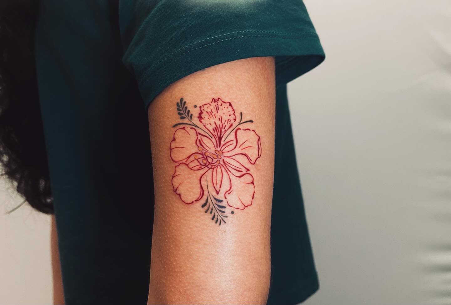 Hibiscus flower dotwork tattoo on the forearm by vivian