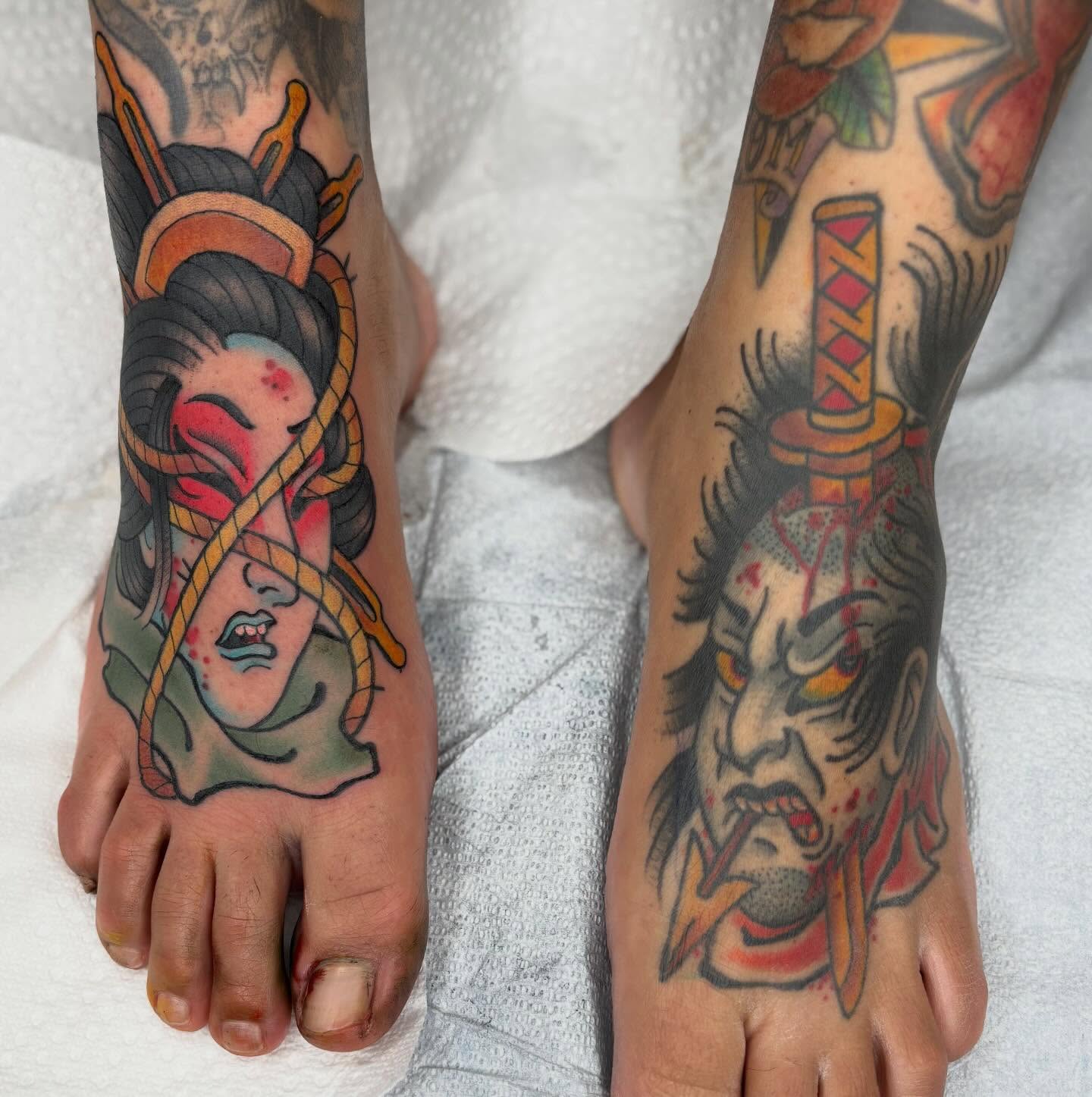 Geisha and samurai American traditional tattoo on the foot by Cody Collins