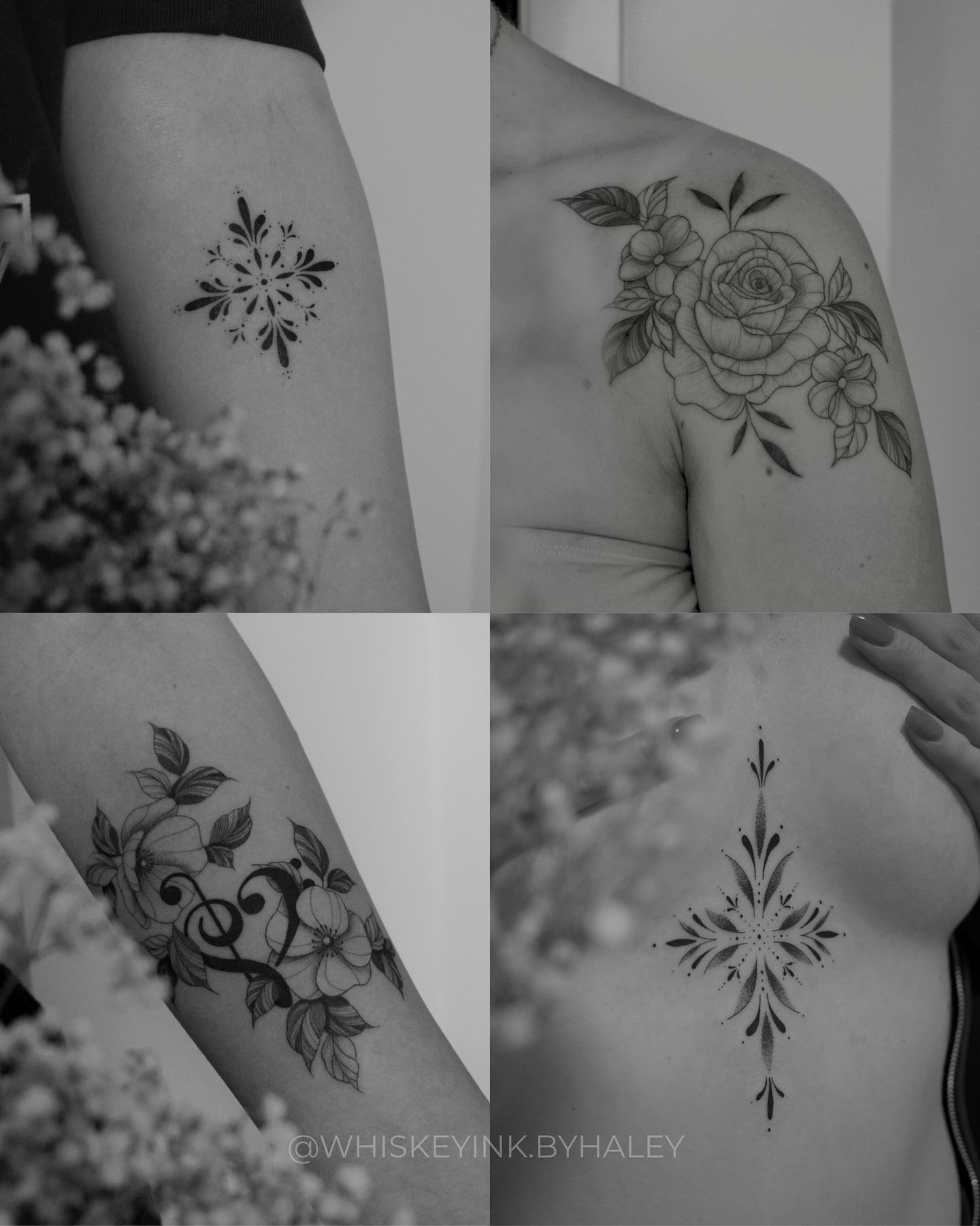 Floral black and grey tattoo on the shoulder by Haley Sayers