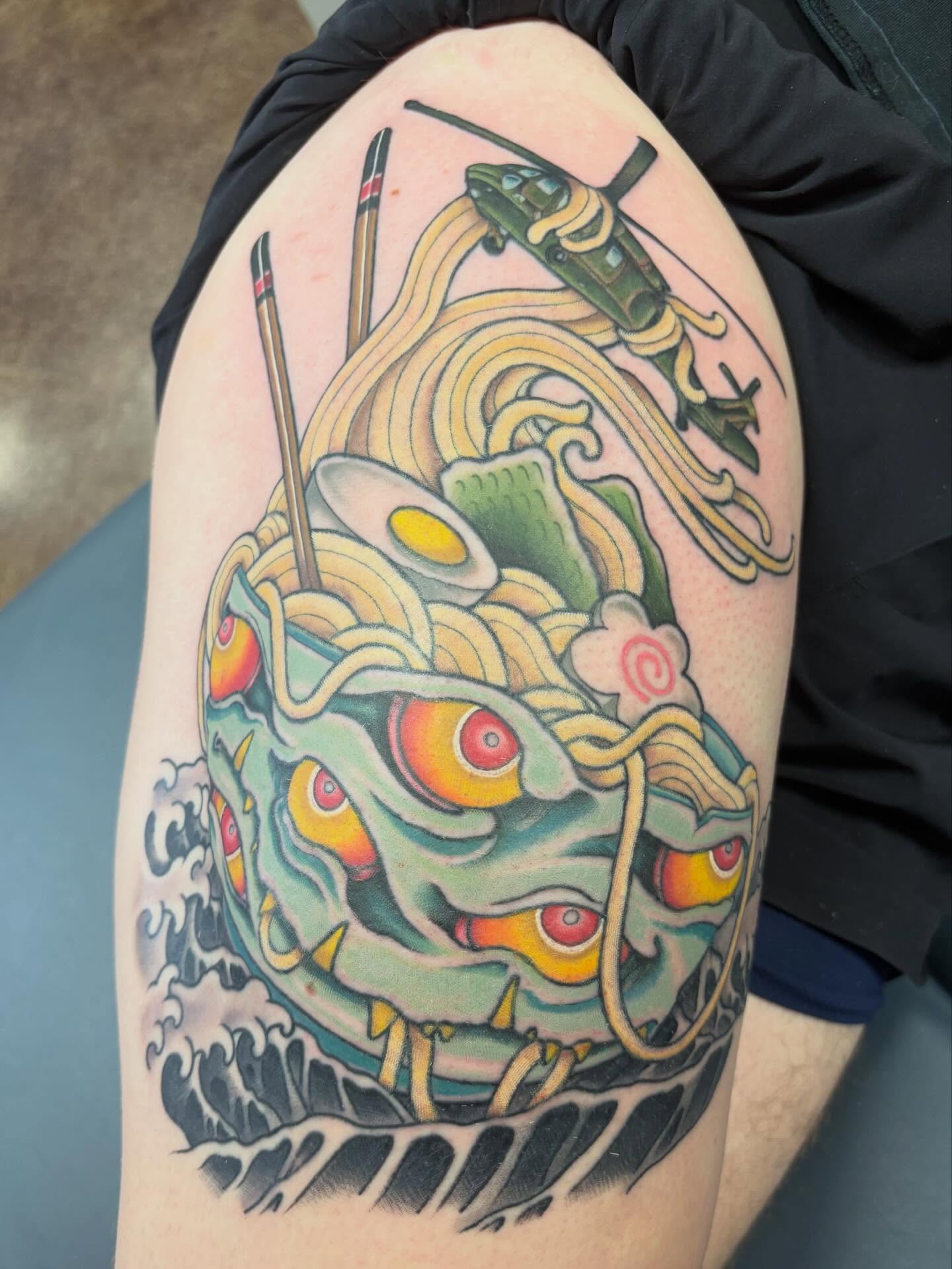 Ramen noodles and dragon japanese irezumi tattoo on the thigh by Jakob Ristau, Kansas City, Missouri