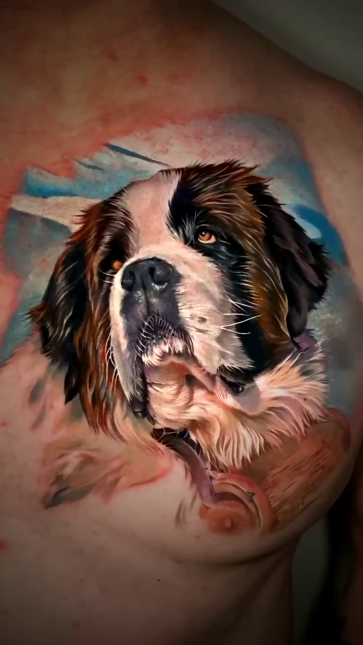 St. Bernard dog portrait realism tattoo by Noelin Wheeler