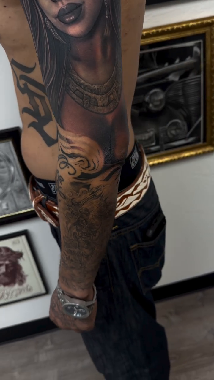Native American woman realism tattoo by Richie Moreno lll