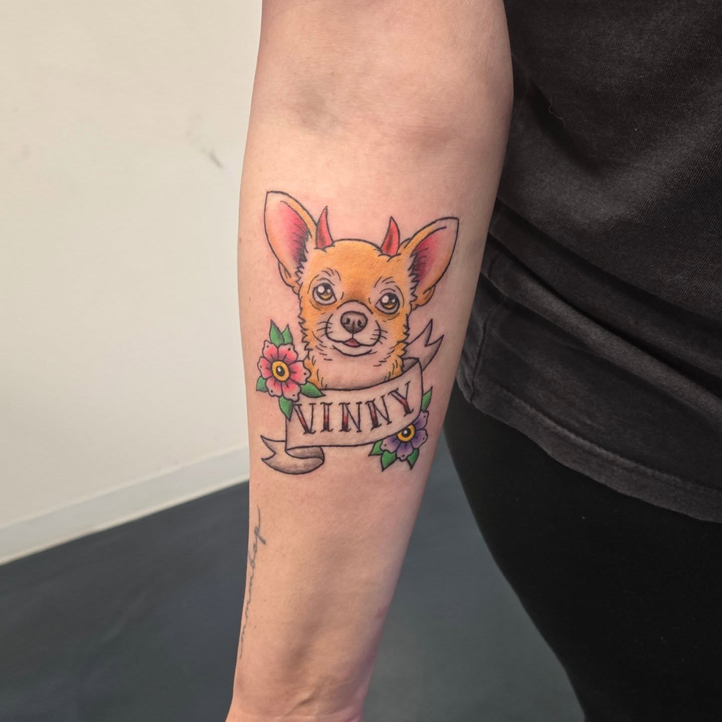 Chihuahua realism tattoo on the forearm by Matt Page