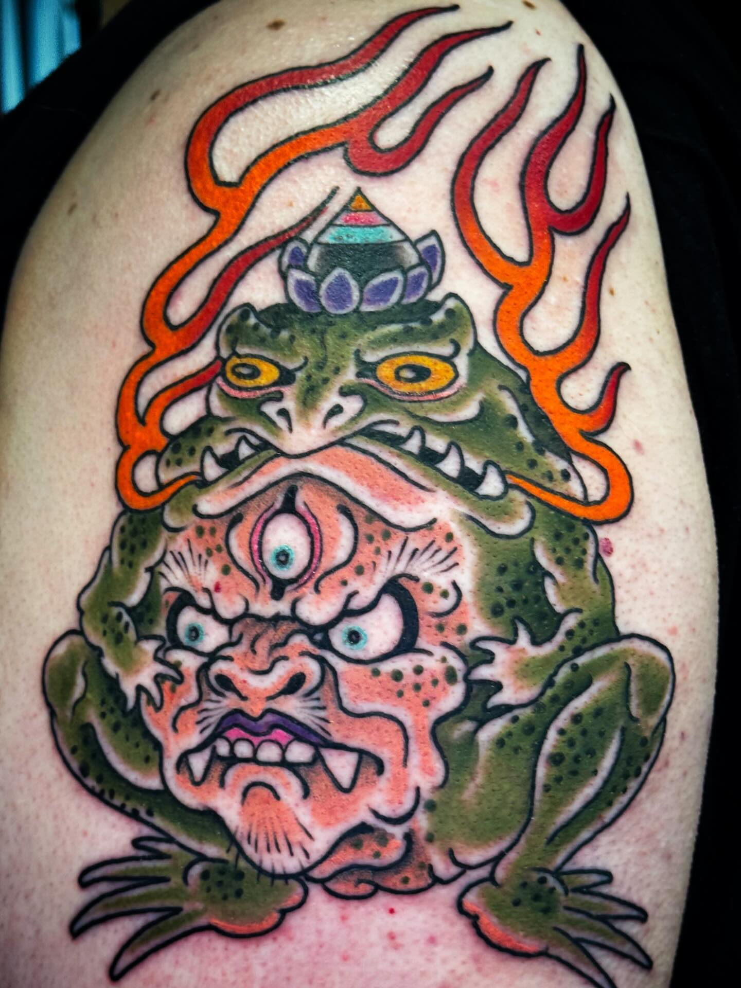 Monster American traditional tattoo on the shoulder by Bob Lackner