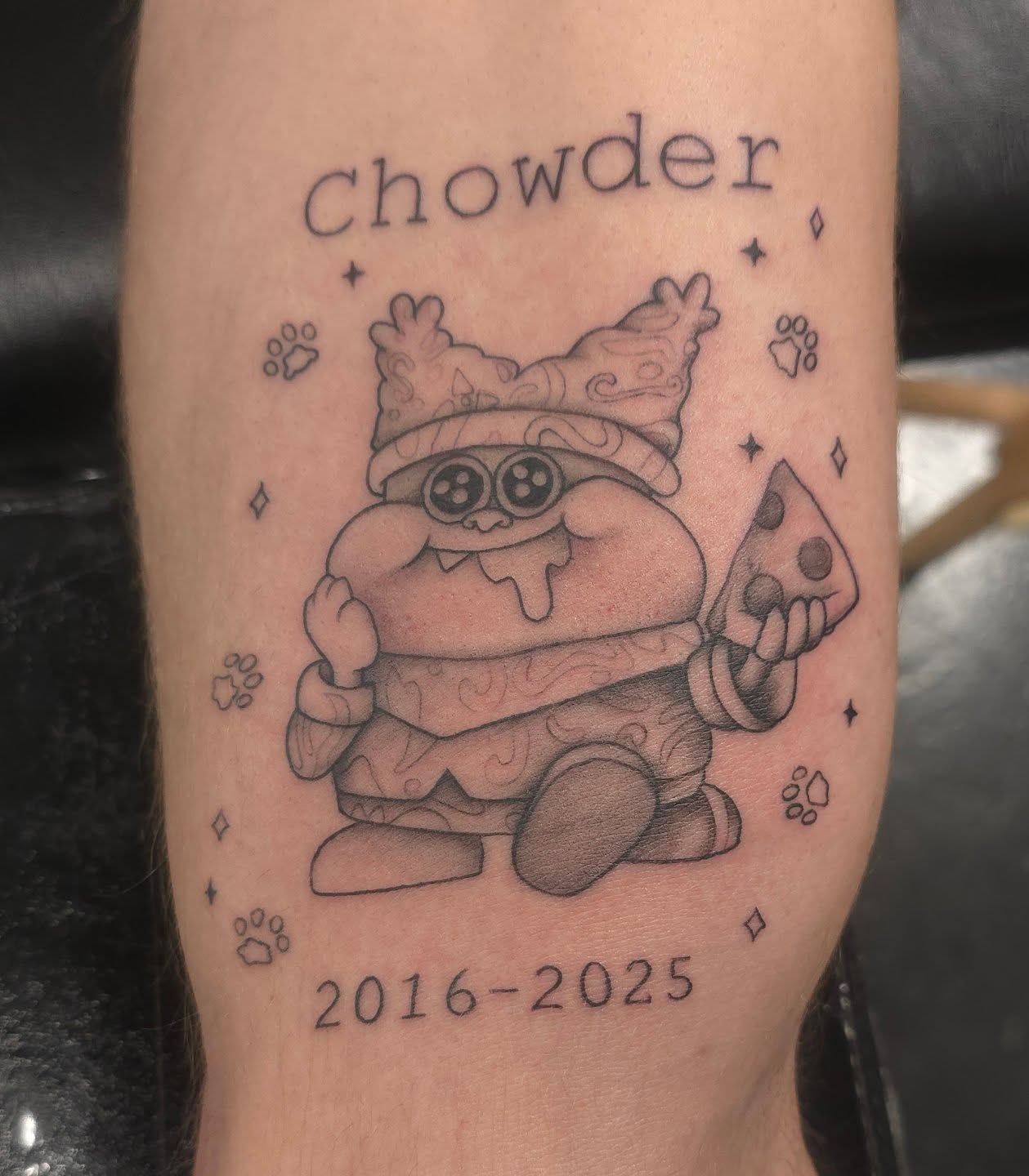 Chowder black and grey tattoo on the forearm by Trinity