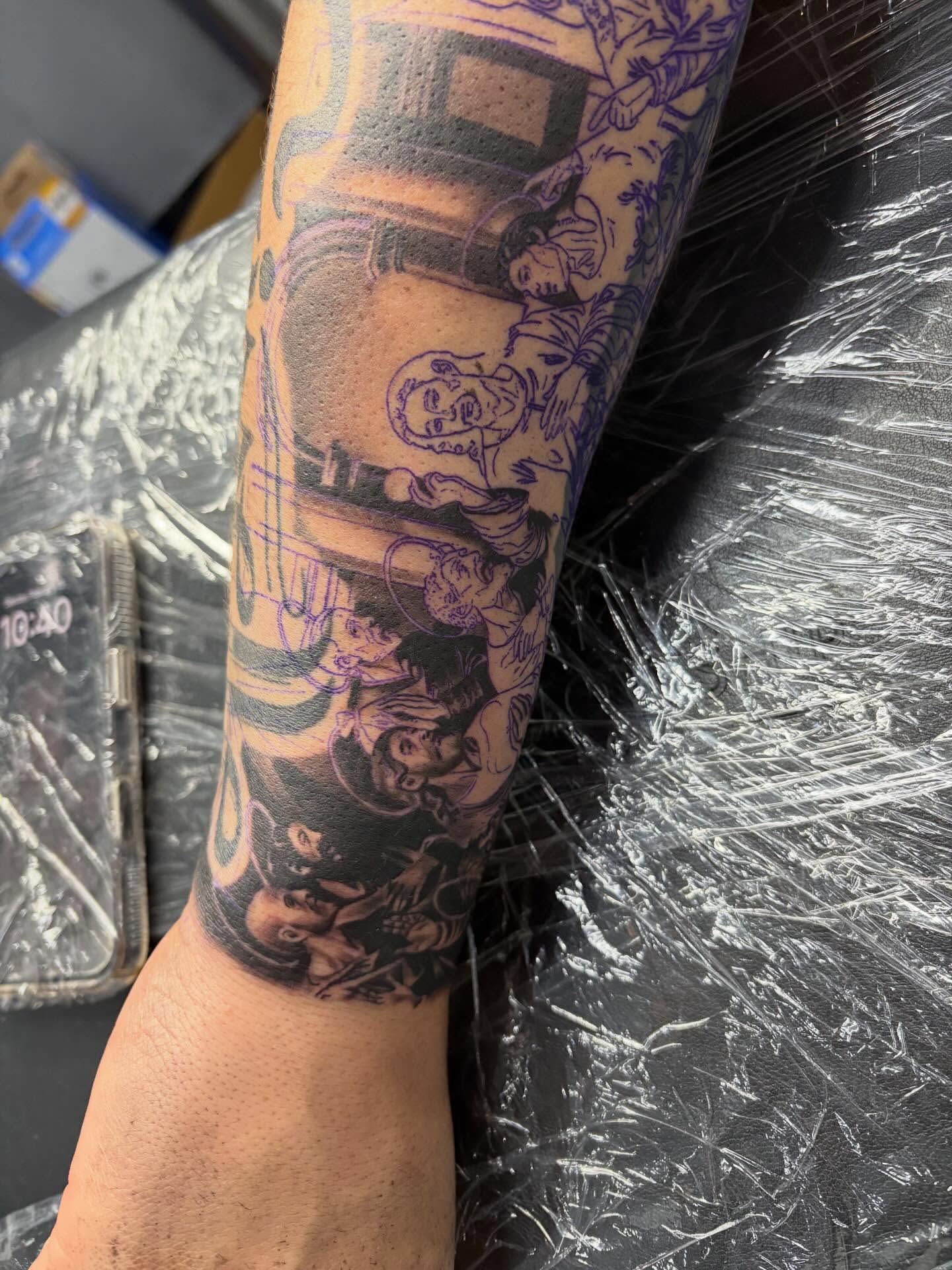 Religious figures American traditional tattoo on the forearm by Devin