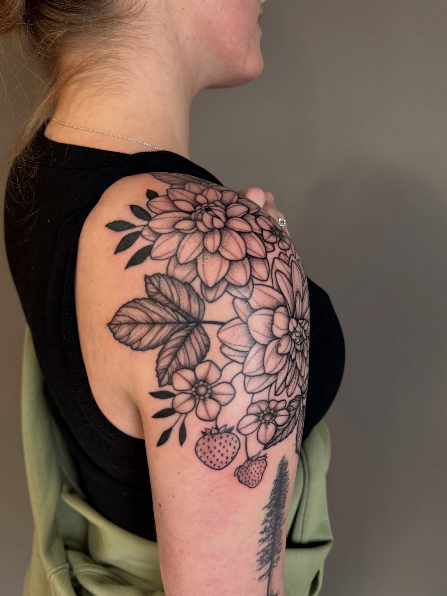 Floral arrangement black and grey tattoo on the shoulder by Hannah, Portland, Oregon