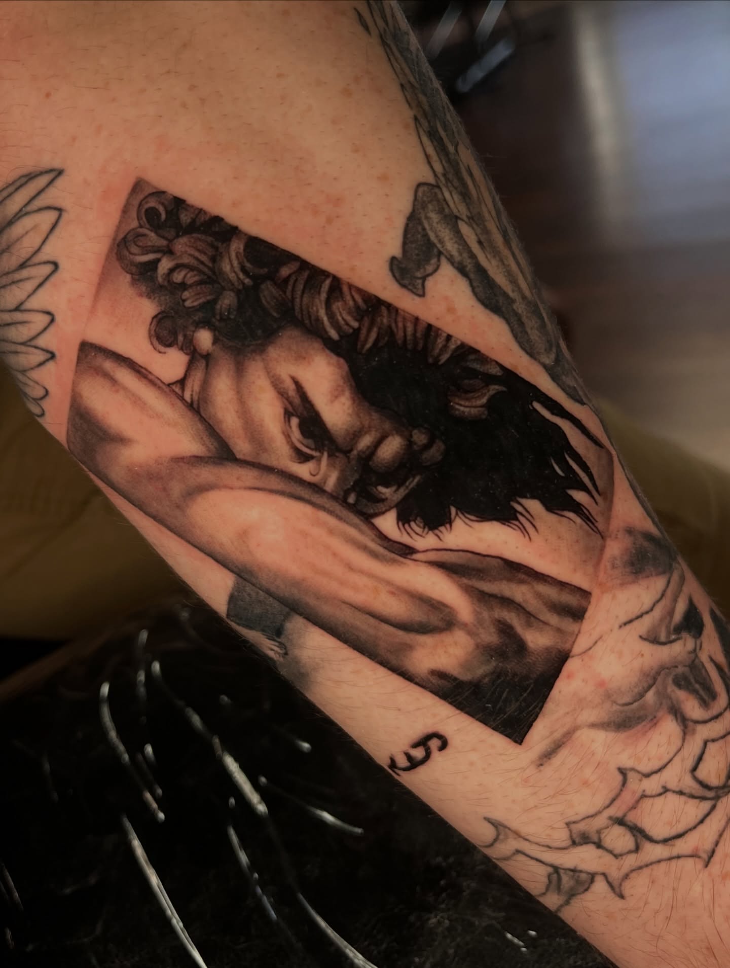 Woman with lion realism tattoo on the forearm by Angie Morales, Laredo, Texas