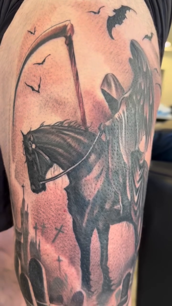 Grim Reaper on horseback dark realism tattoo by Mason Williams