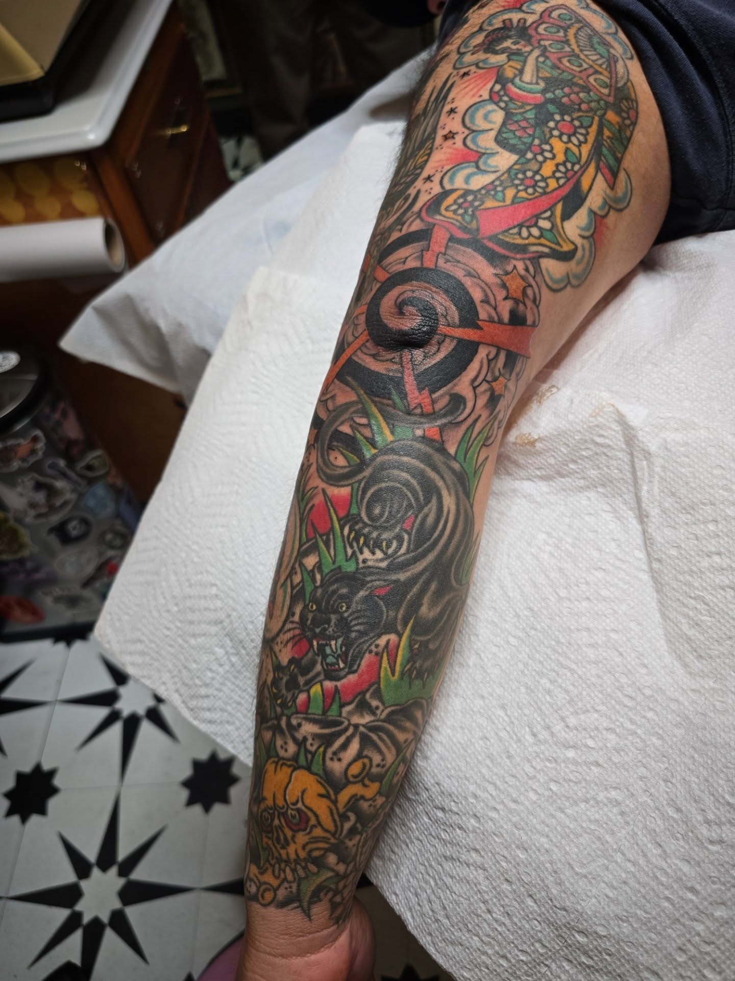 Japanese irezumi American traditional tattoo on the forearm by Aaron Dor