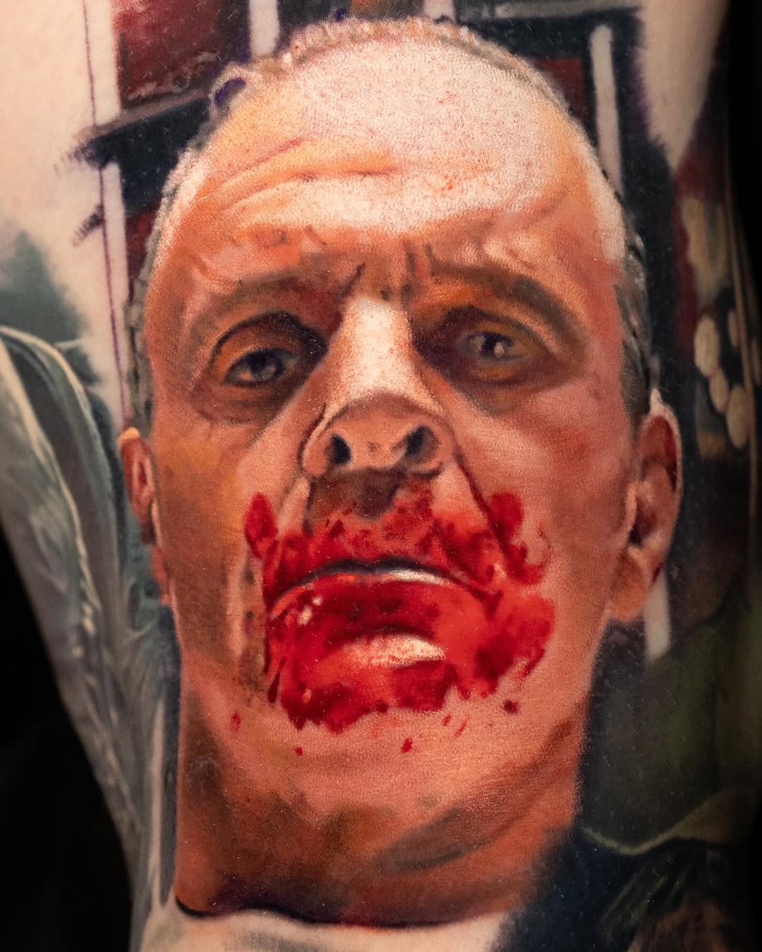 Hannibal Lecter portrait realism tattoo on the head by Realistic tattoos in Minneapolis, MN, Minneapolis, Minnesota