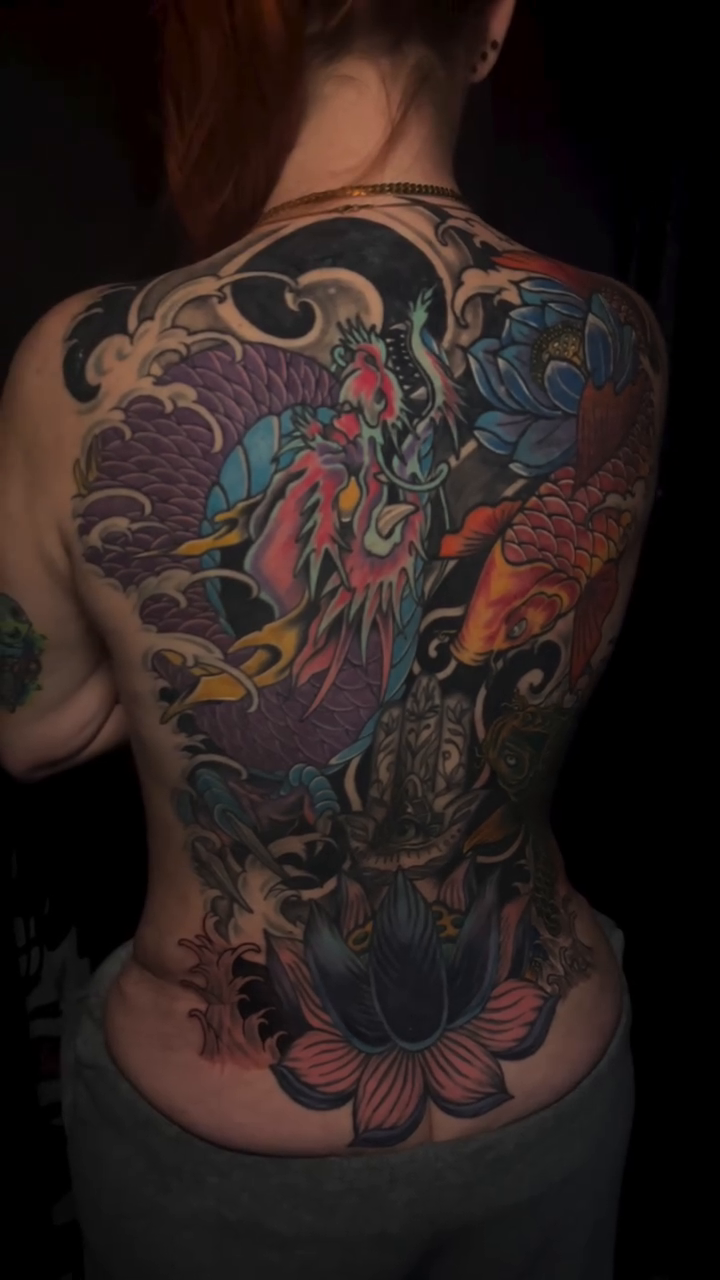 Dragon and koi fish back piece Japanese tattoo on the back by Alex