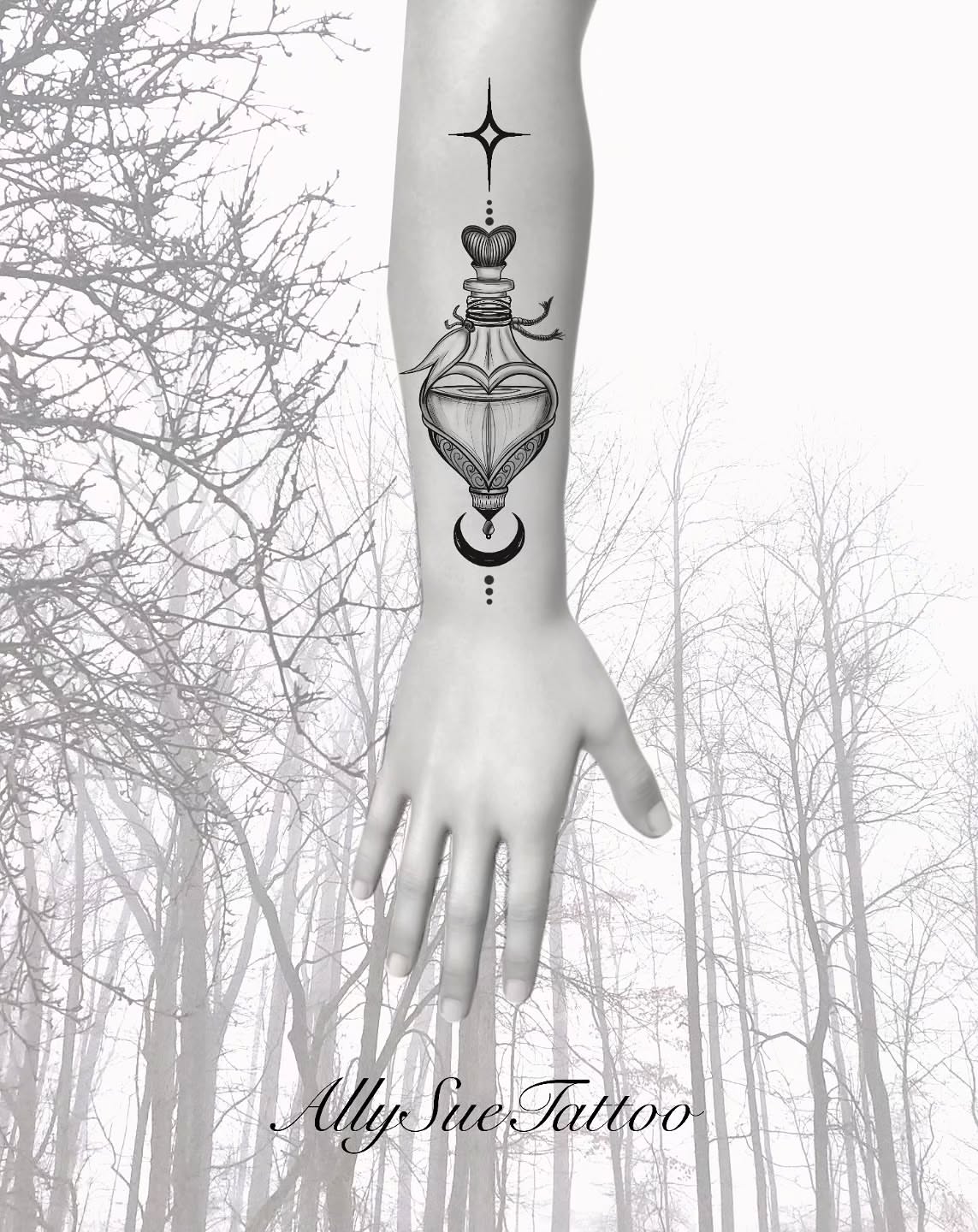 Vessel with celestial symbols geometric tattoo on the forearm by Alex ▪︎ Tattoo Apprentice