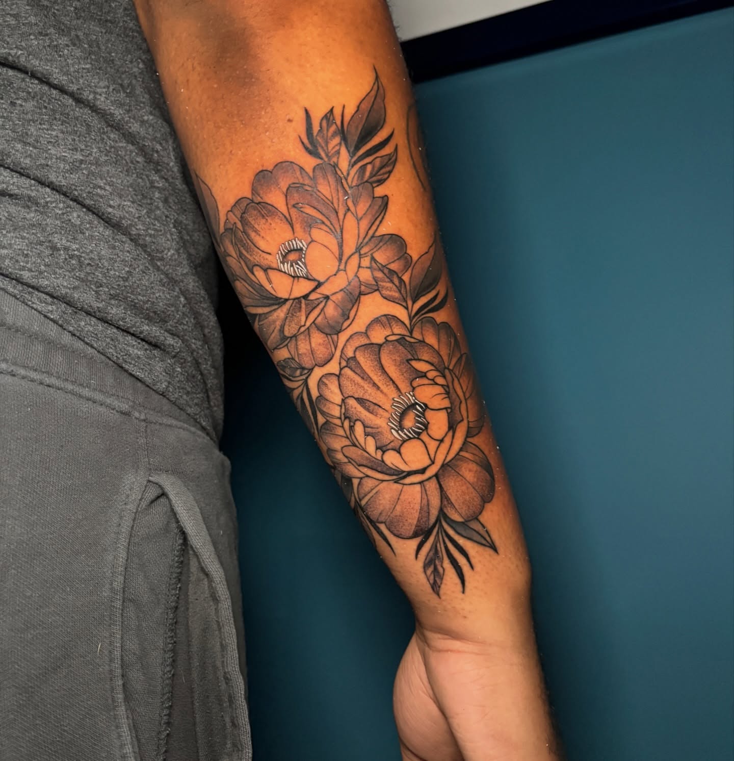 Floral bouquet black and grey tattoo on the forearm by 🌸Mandy Blossoms🌸The Cosplaying Tattoo Artist🌸