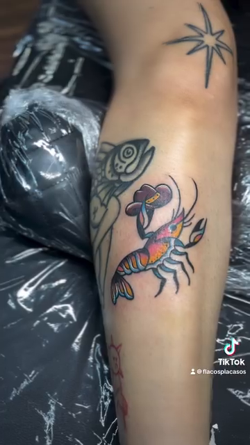 Shrimp and fish neo-traditional tattoo by Eli Flores