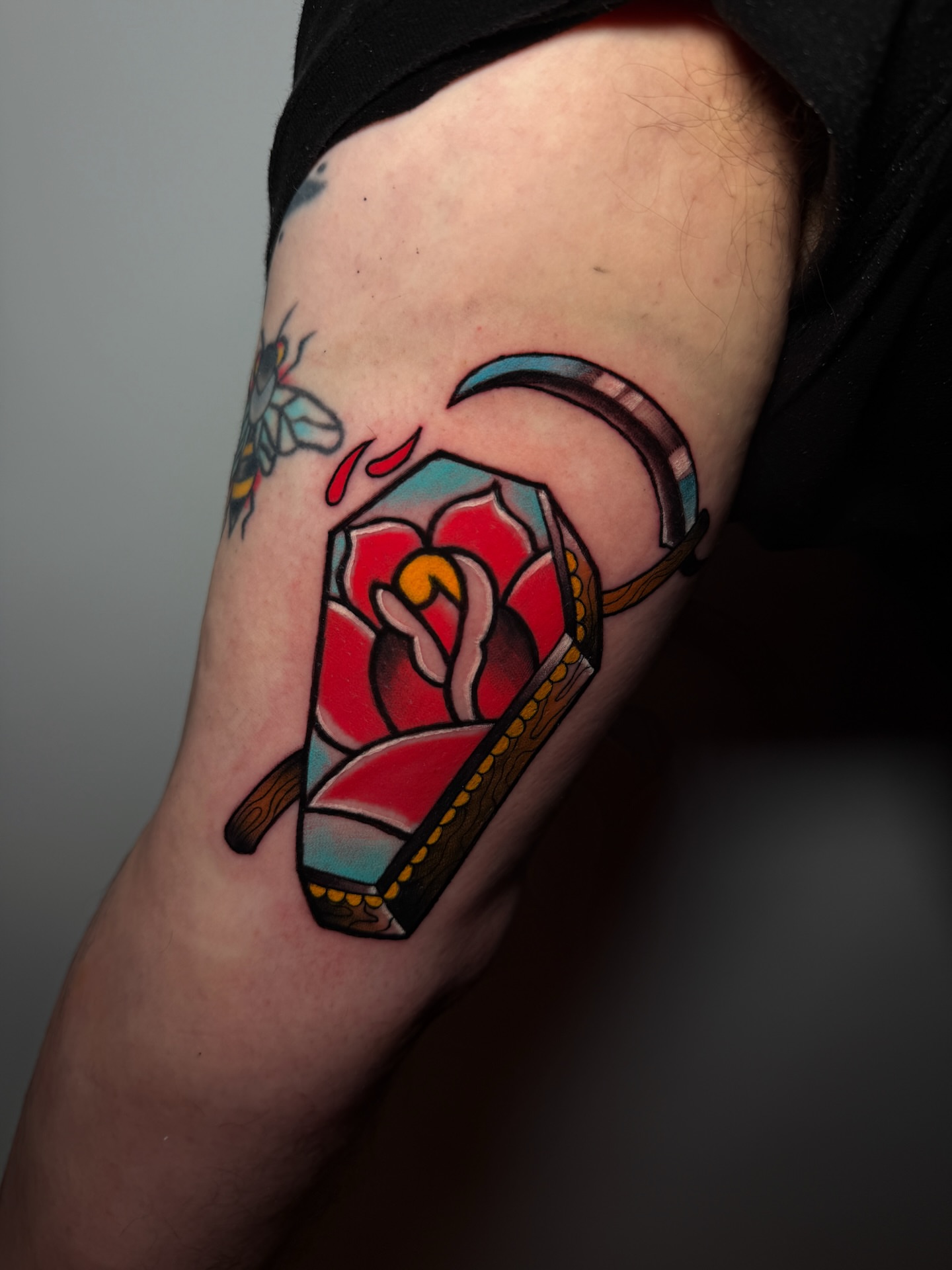 Rose in coffin American traditional tattoo on the forearm by Tattoo Artist Los Angeles