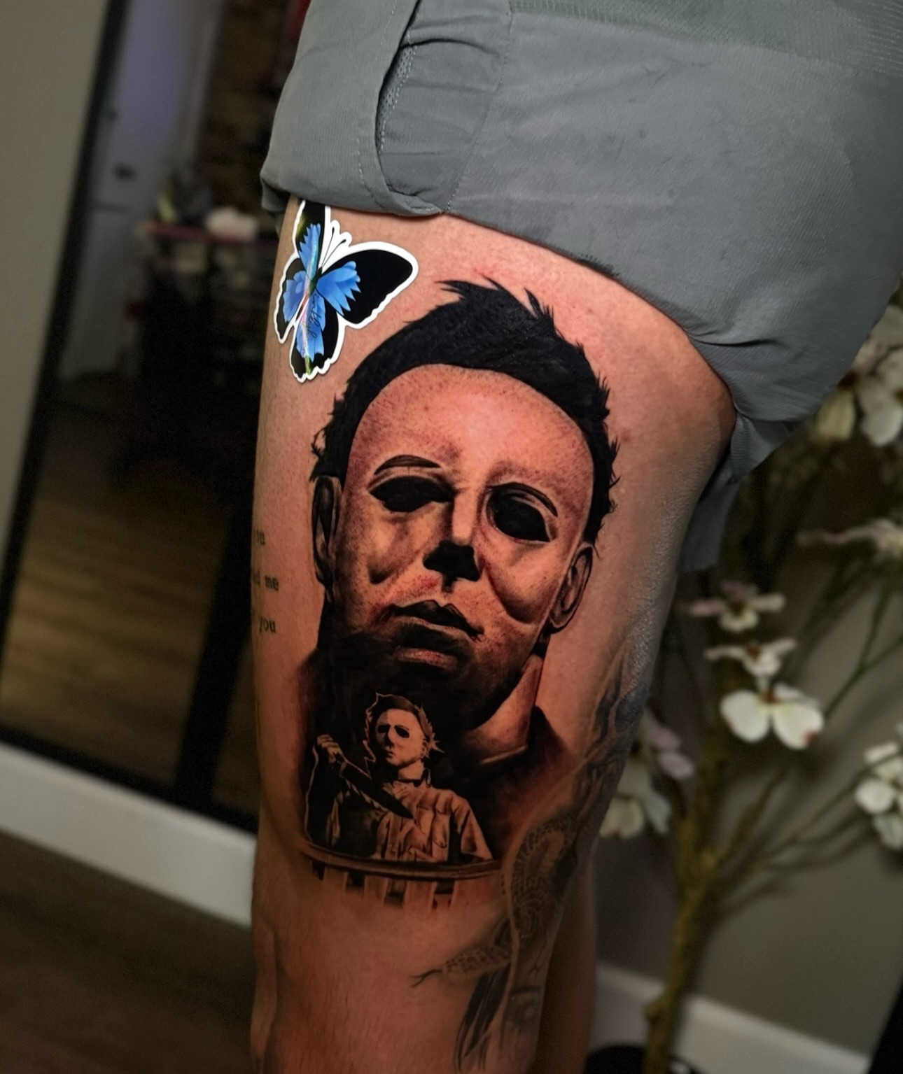 Michael Myers mask realism tattoo on the thigh by Hannah Marie ๐ฆ, Benbrook, Texas