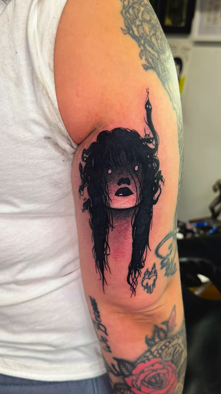 Woman with long dark hair dark realism tattoo by Jayb, Passaic, New Jersey