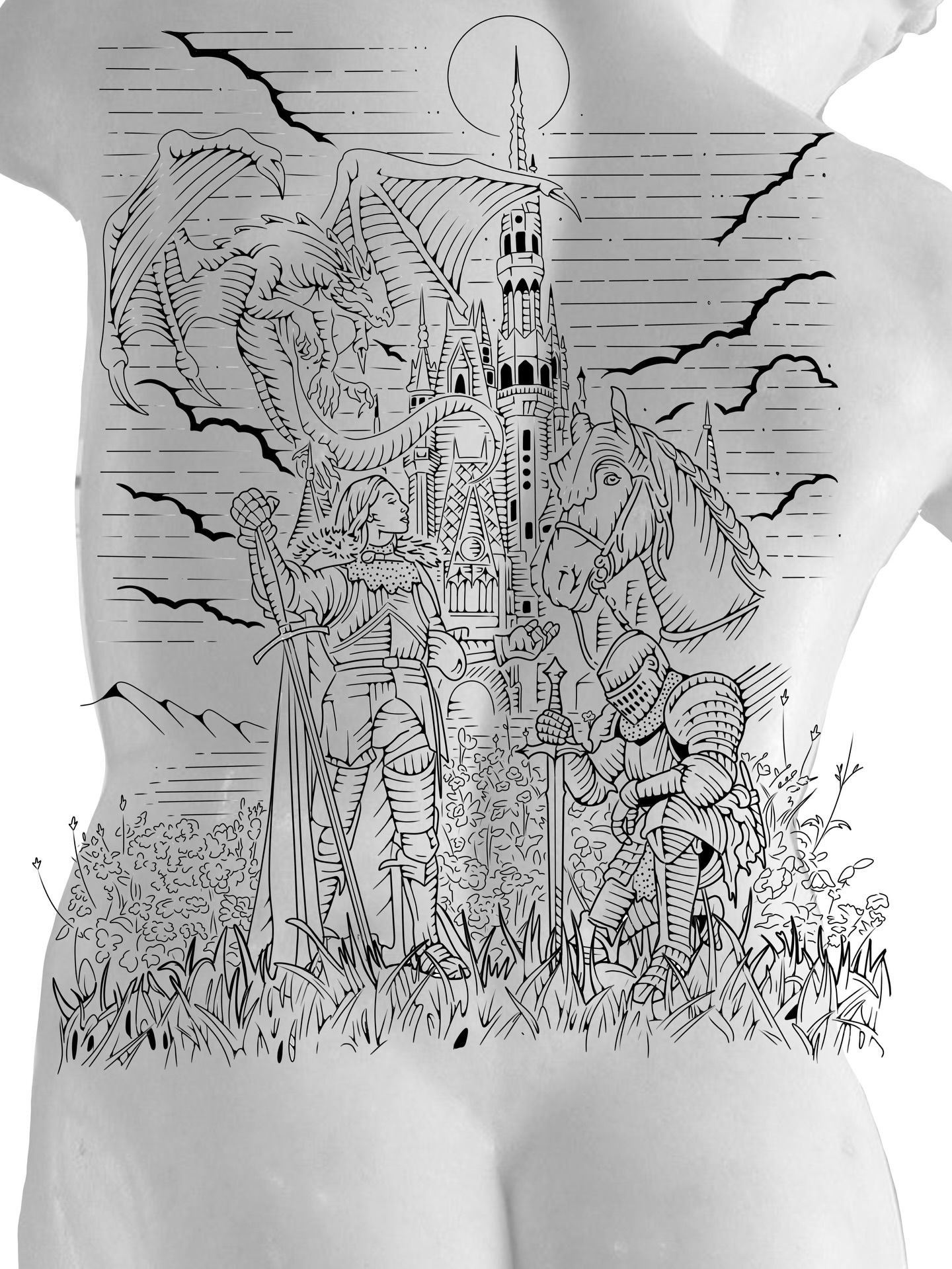 Castle and knight black and grey tattoo on the back by Ian Saner