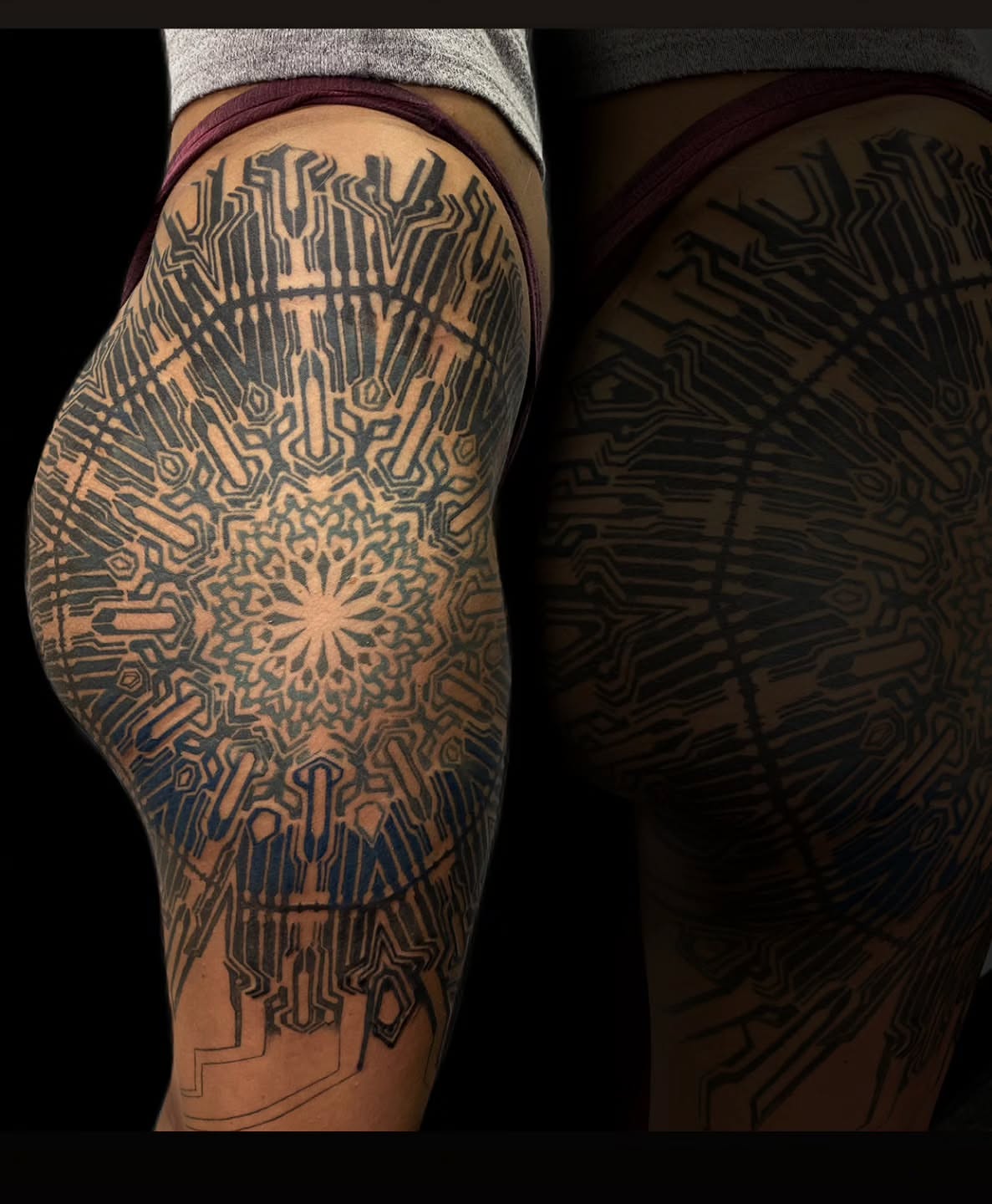 Geometric pattern geometric tattoo on the thigh by Jordan Rookus