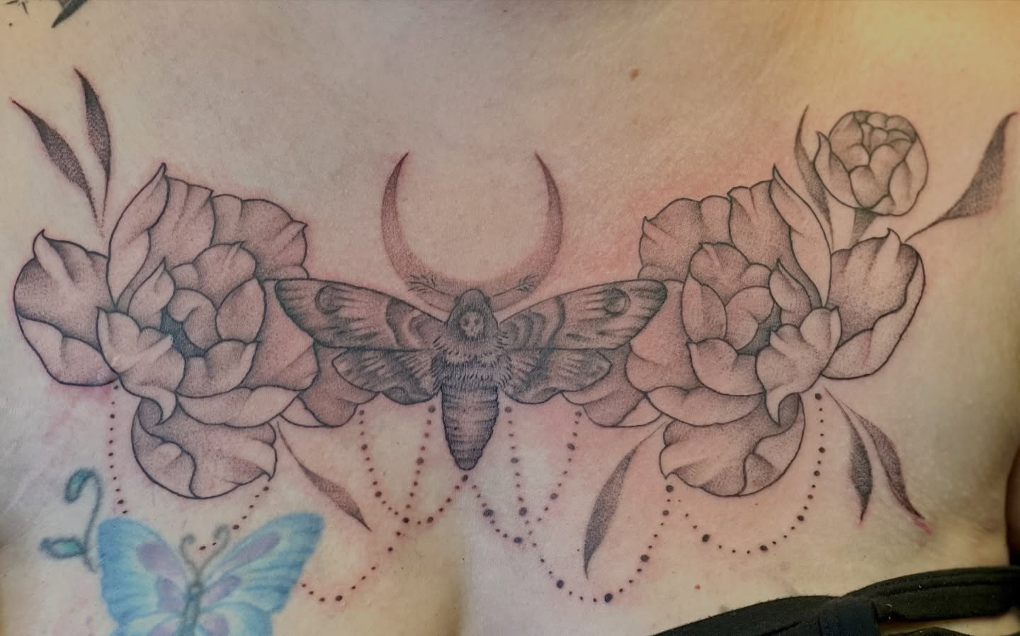 Moth and flowers dotwork tattoo on the chest by Dani McBay