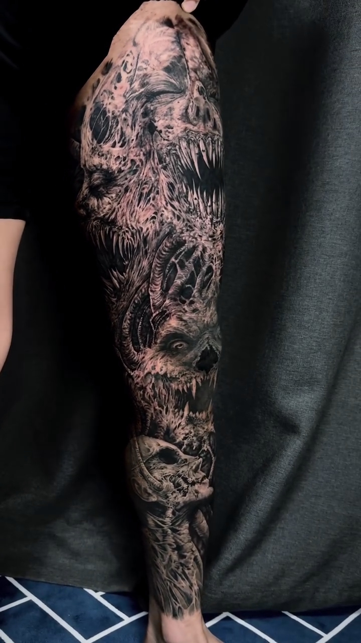 Tattoo by @3k_tat_too — dark_realism, black_and_grey
