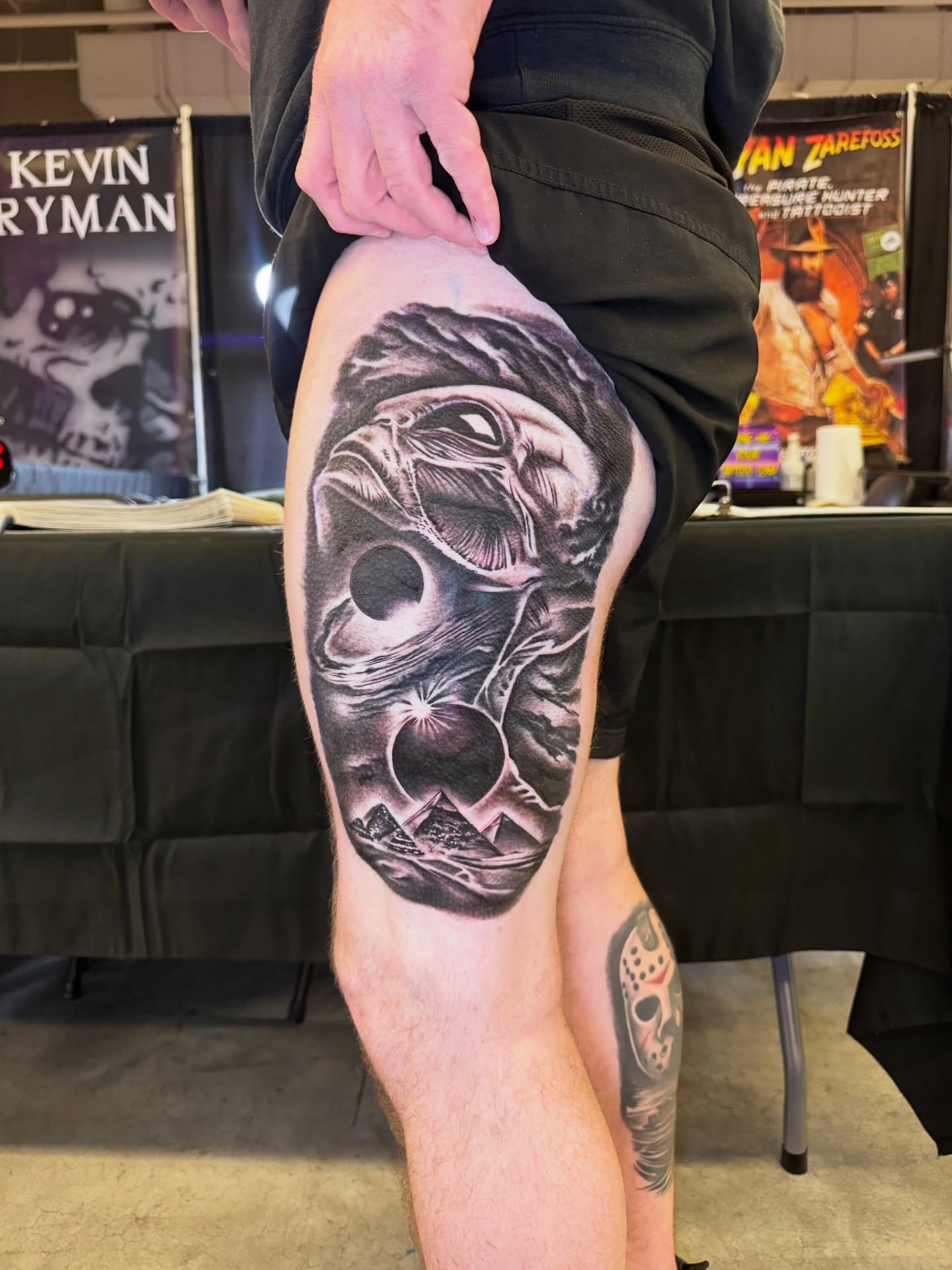 Abstract landscape realism tattoo on the thigh by Shane Fowler, Massillon, Ohio