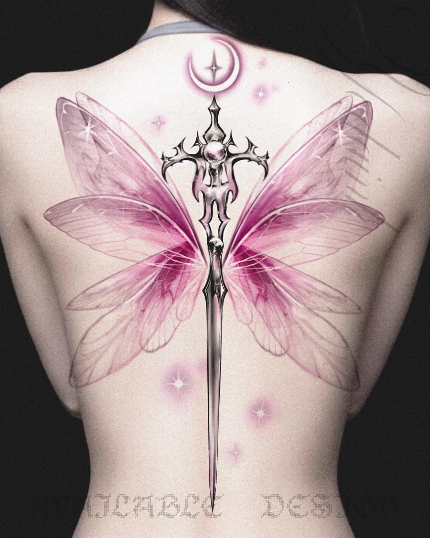 Fairy wings and sword geometric tattoo on the back by Cyber sigil & ornamental tattoo π₯