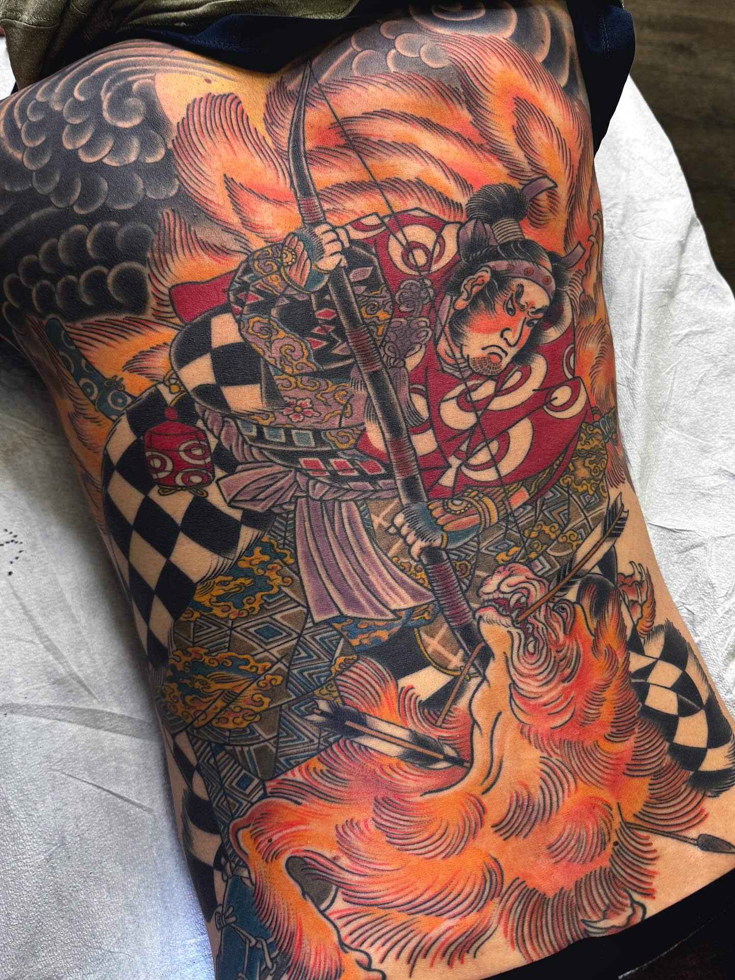 Samurai warrior japanese irezumi tattoo on the thigh by Erick Lynch, Cambridge, Massachusetts