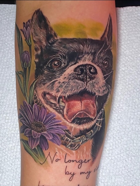 Dog portrait realism tattoo on the forearm by Brittany Whitaker