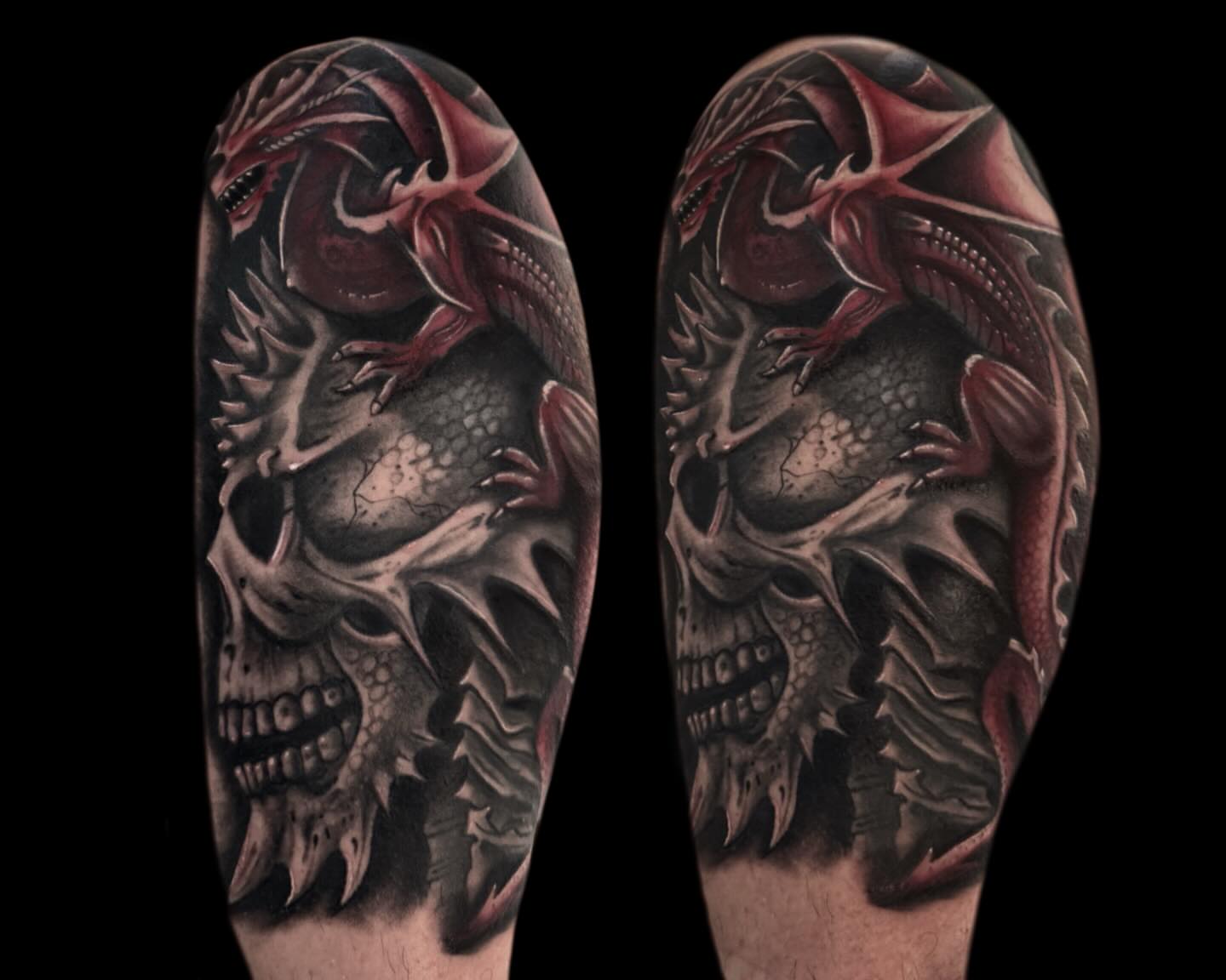 Dragon and skull dark realism tattoo on the forearm by Jen Bean, Richmond, Virginia