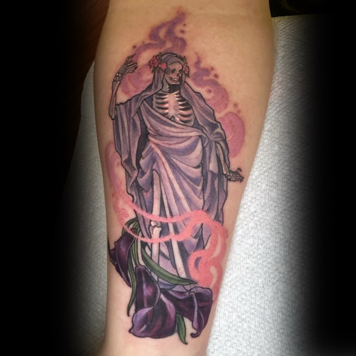 Skeleton draped in cloth realism tattoo on the forearm by Anna Sylvan Tattoos