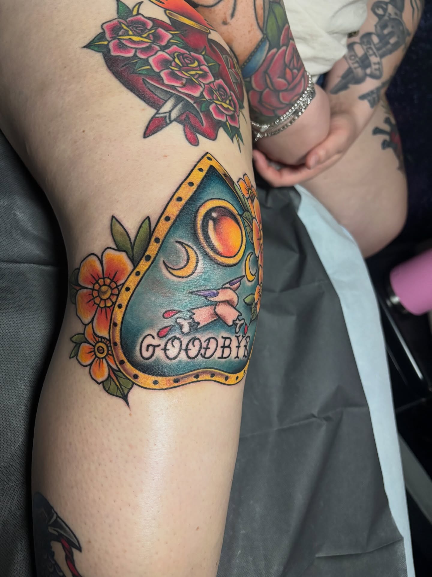 Goodbye American traditional tattoo on the thigh by Shiann Null