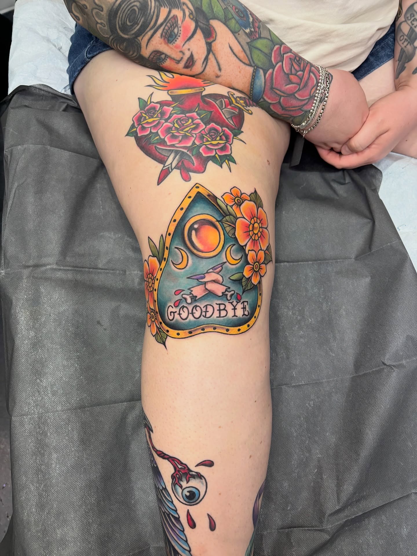 Goodbye American traditional tattoo on the thigh by Shiann Null