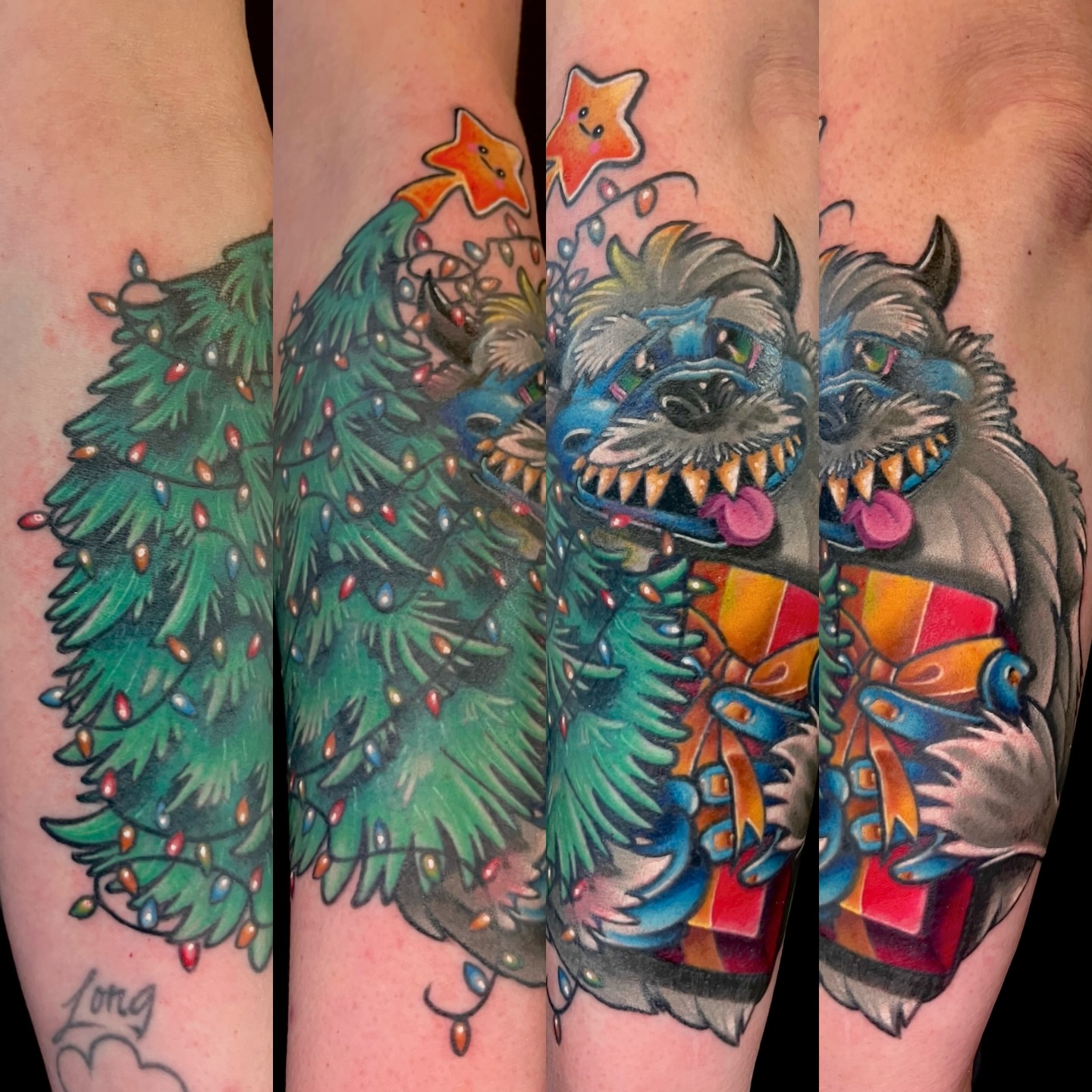 Christmas tree and wolf realism tattoo on the forearm by Brennan Freemantle