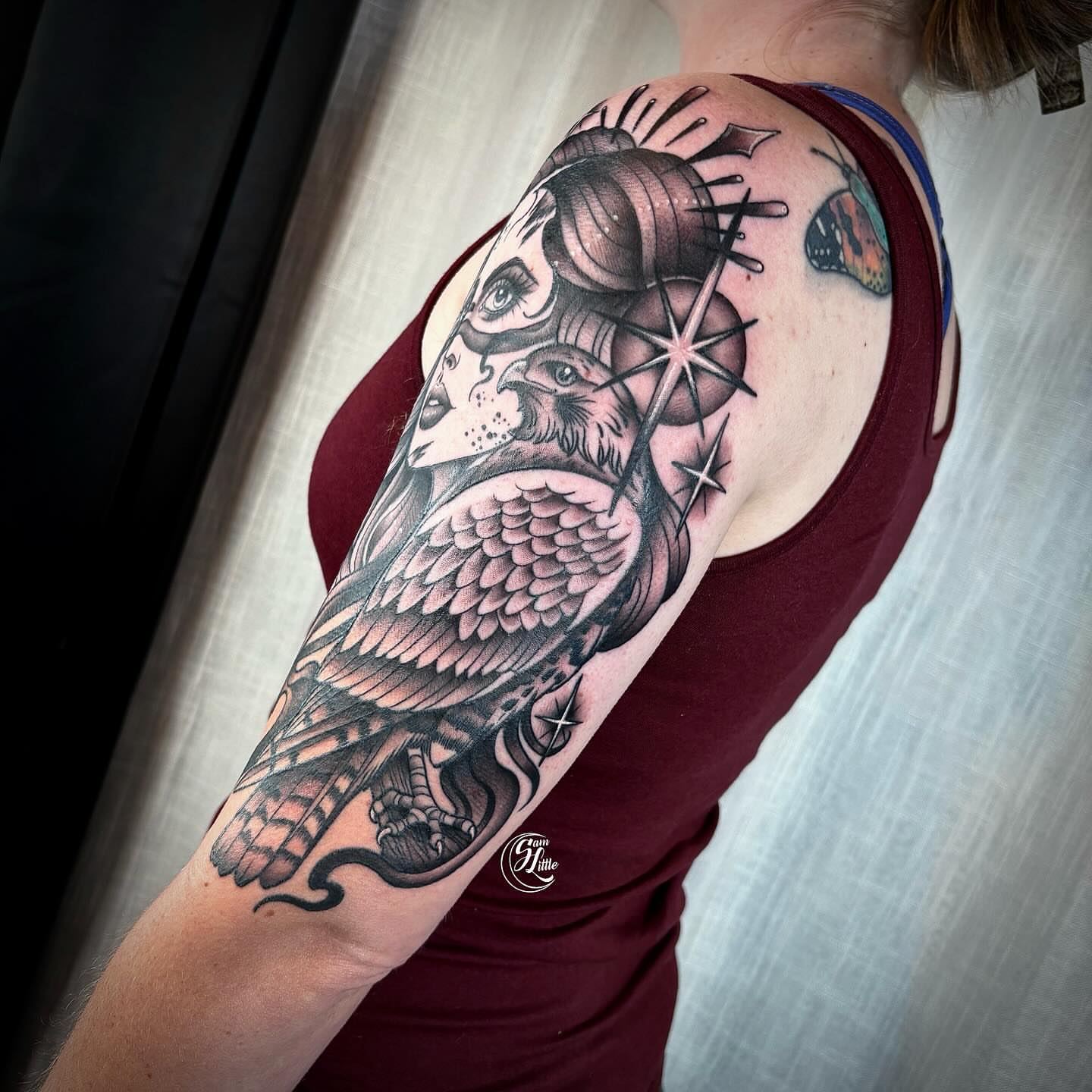 Owl and skull American traditional tattoo on the upper arm by 𝓢𝓪𝓶 𝓛𝓲𝓽𝓽𝓵𝓮