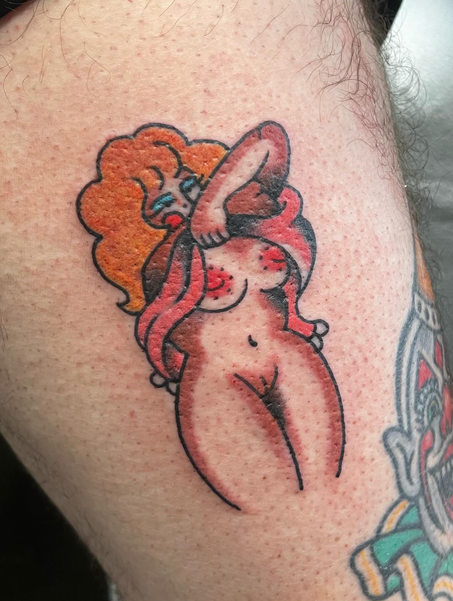 Woman with flowing hair American traditional tattoo on the thigh by ＊jaela＊ohio tattoo artist＊