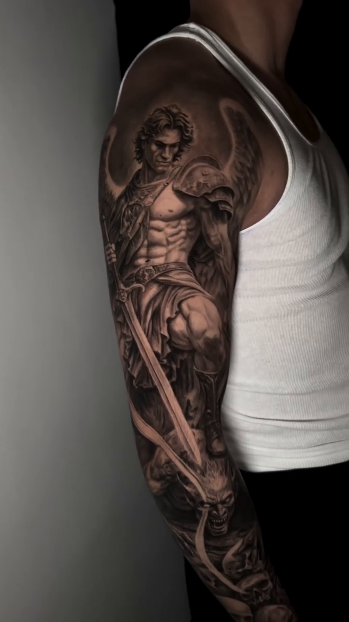 Angel and demons dark realism tattoo by Cipri Suciu