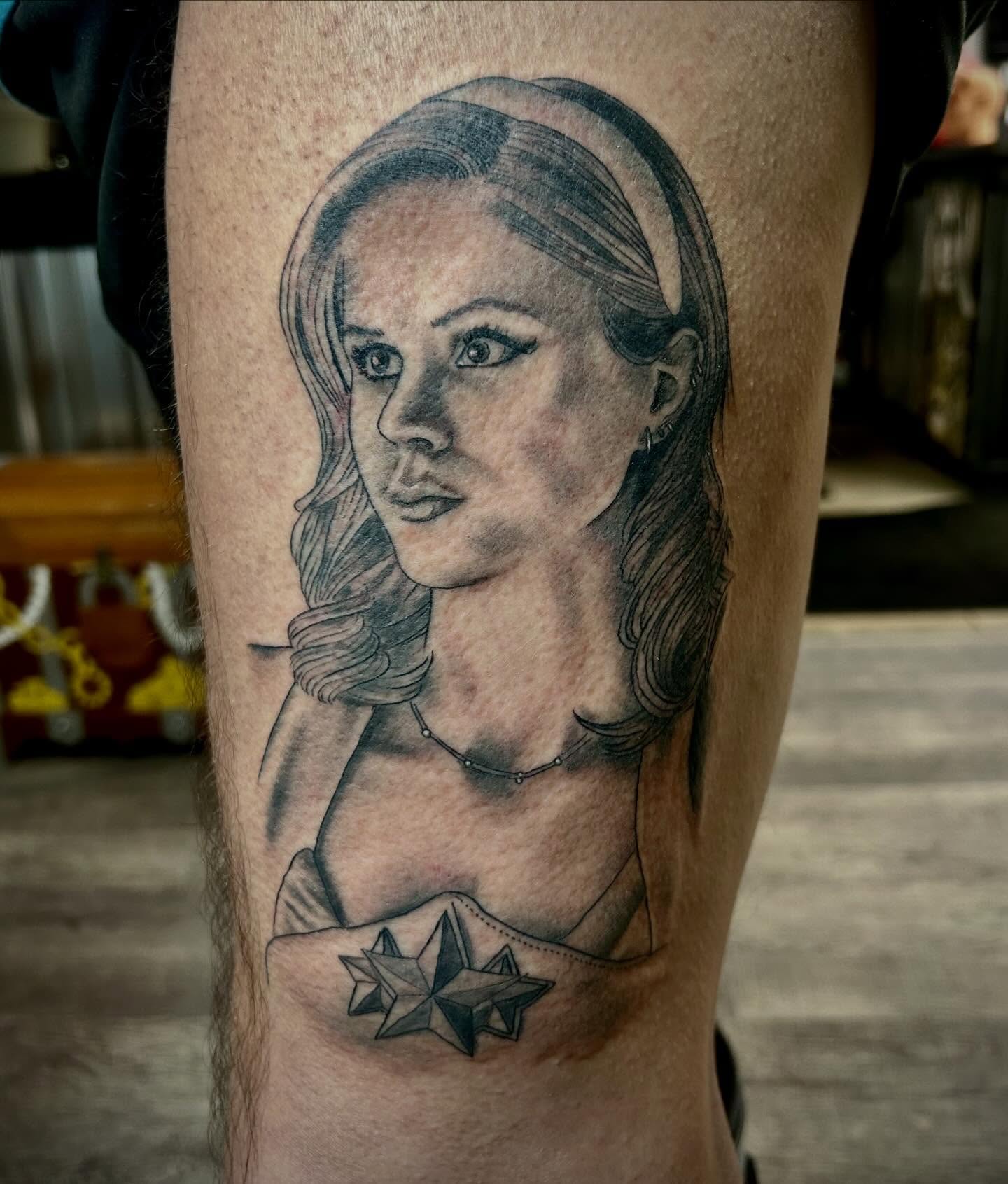 Portrait realism tattoo on the thigh by darklord_666