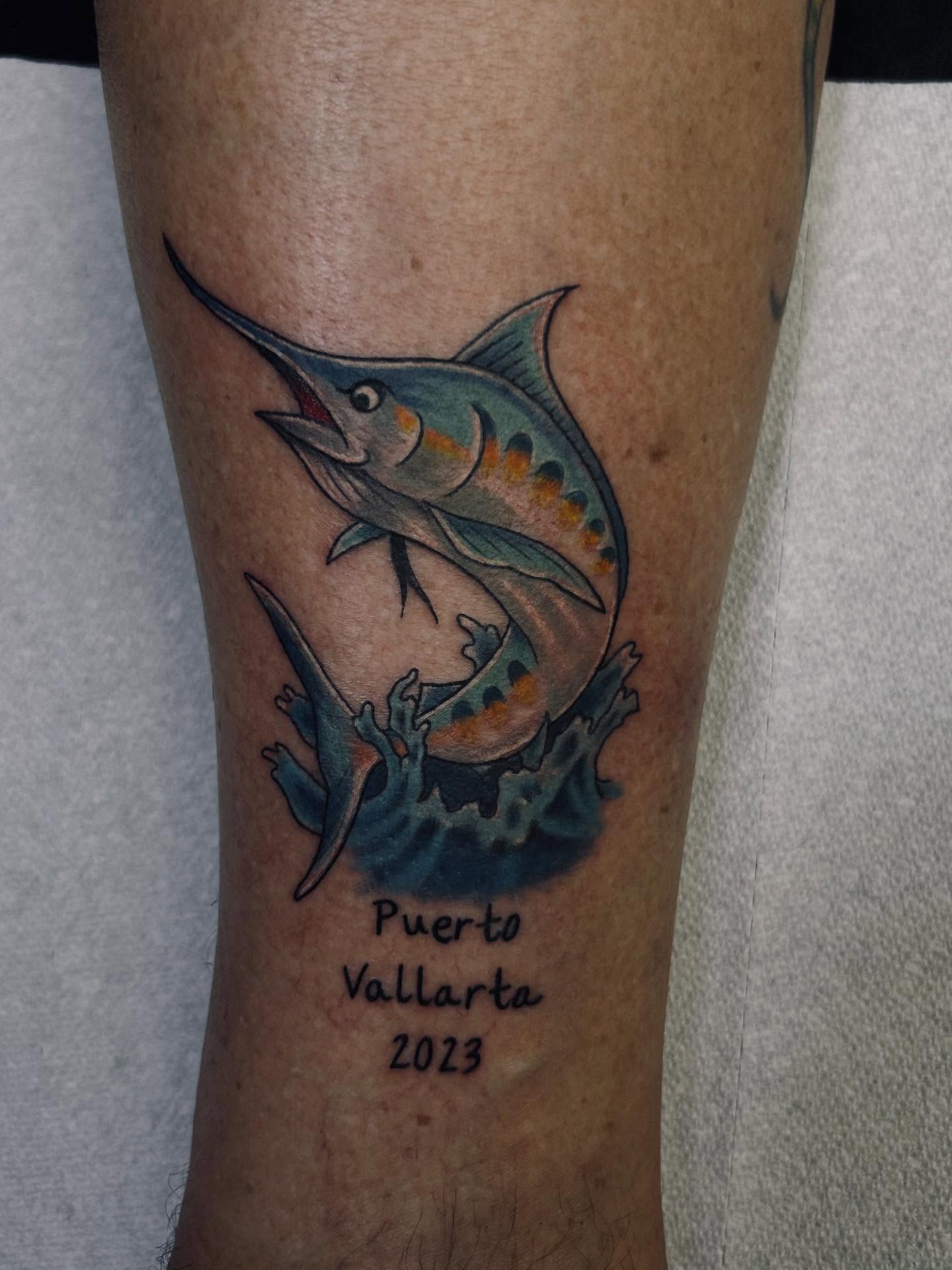 Marlin American traditional tattoo on the forearm by Jameson William Cowan