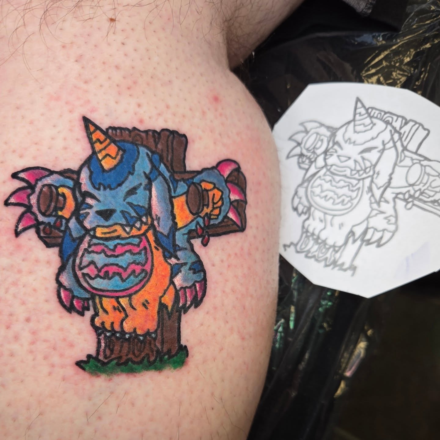 Monster dotwork tattoo on the shoulder by Chaz Escobar