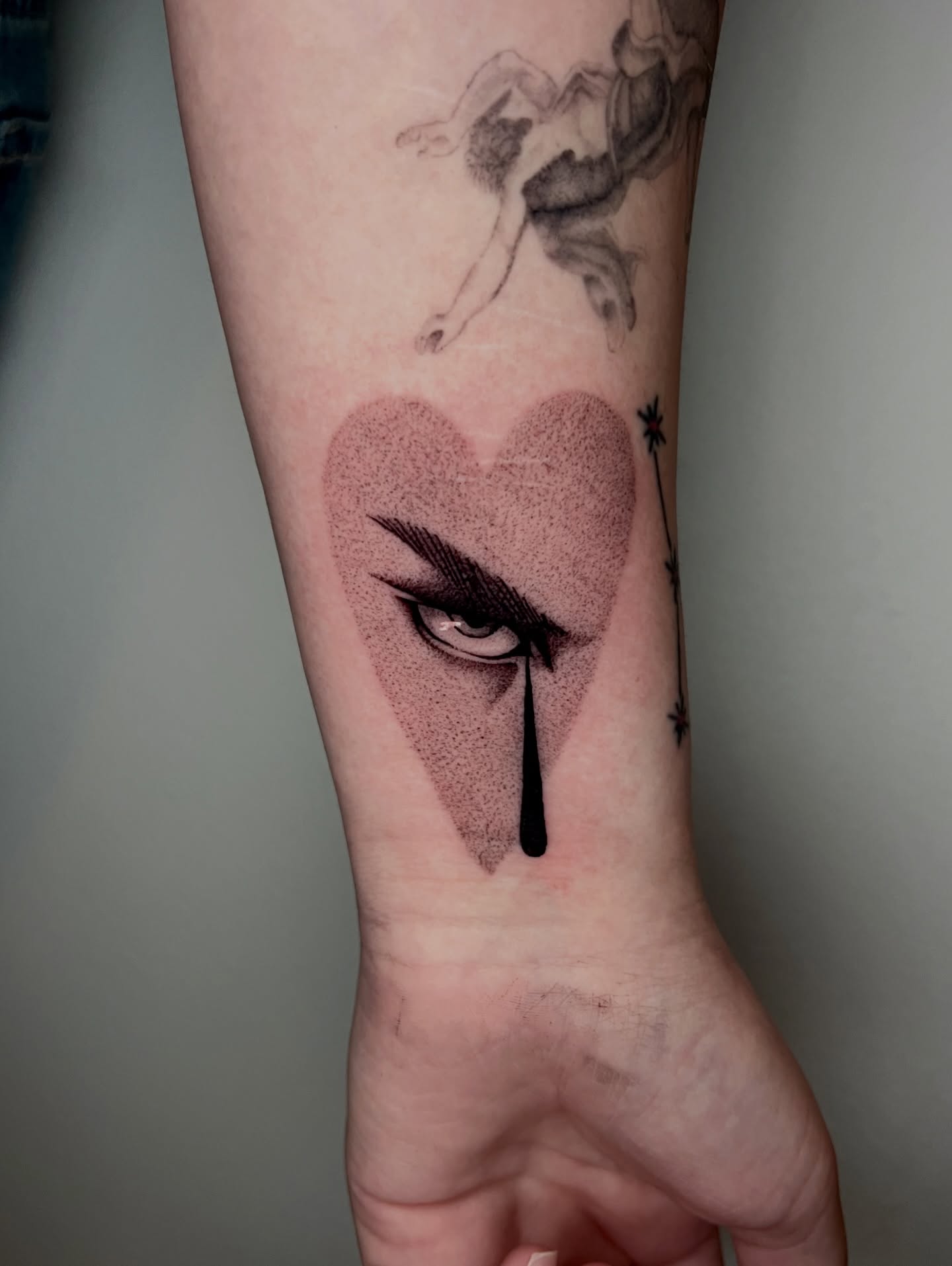 Heart with eye dotwork tattoo on the forearm by AJ π°π· LA tattoo