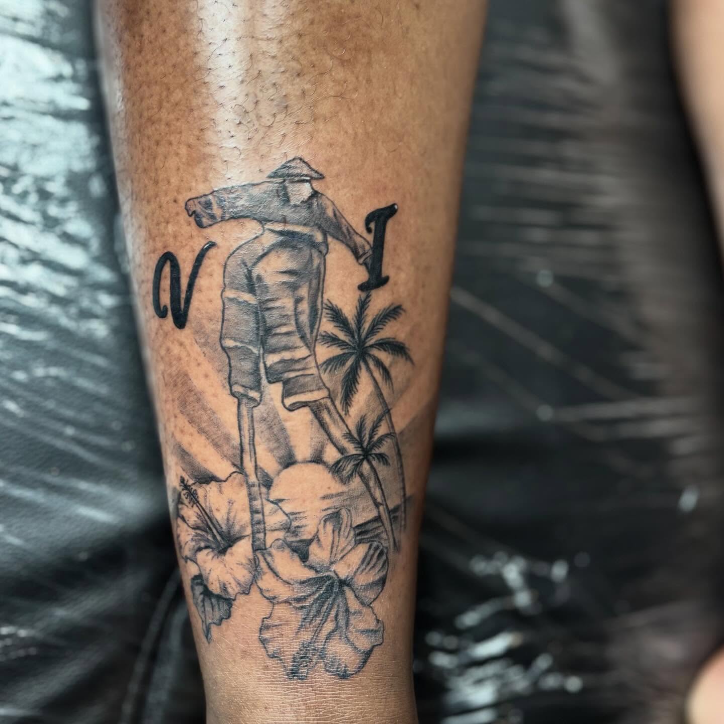 Farmer with flowers realism tattoo on the forearm by Koolz