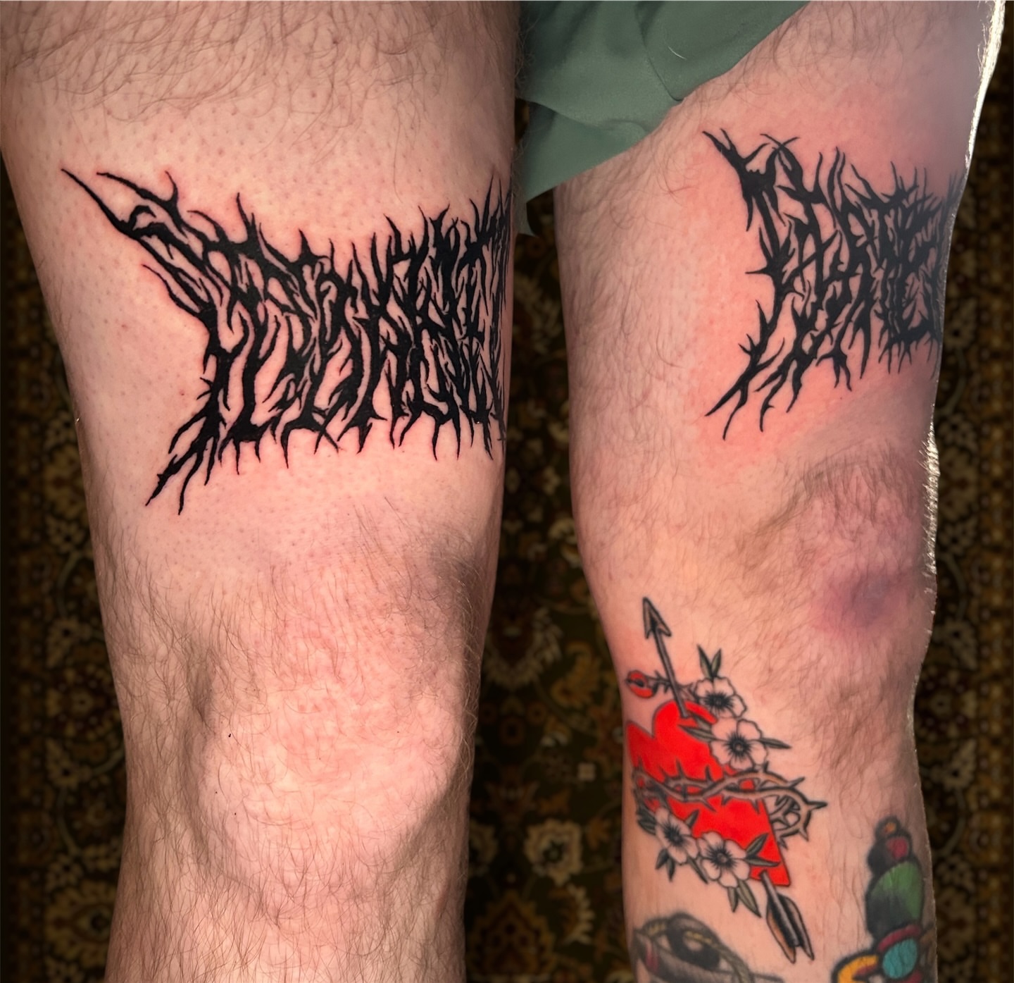 Thorned text black and grey tattoo on the calf by ⁂ 𝕽𝖊𝖆𝖌𝖆𝖓⁂, Texas City, Texas