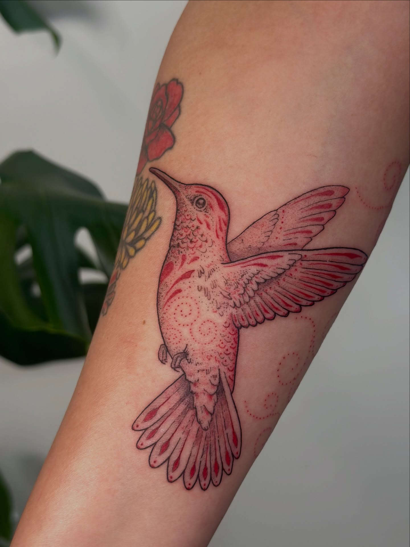 Hummingbird dotwork tattoo on the forearm by Santiago Don, Portland, Oregon